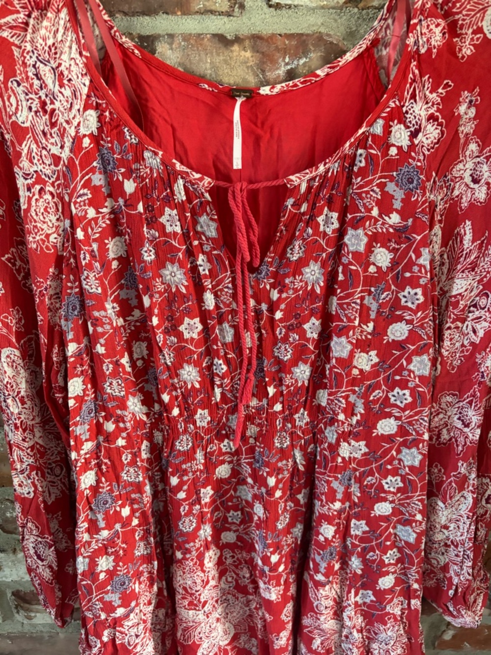 Free People Red Floral Boho Long Sleeve Mini Dress - Picture 5 of 7